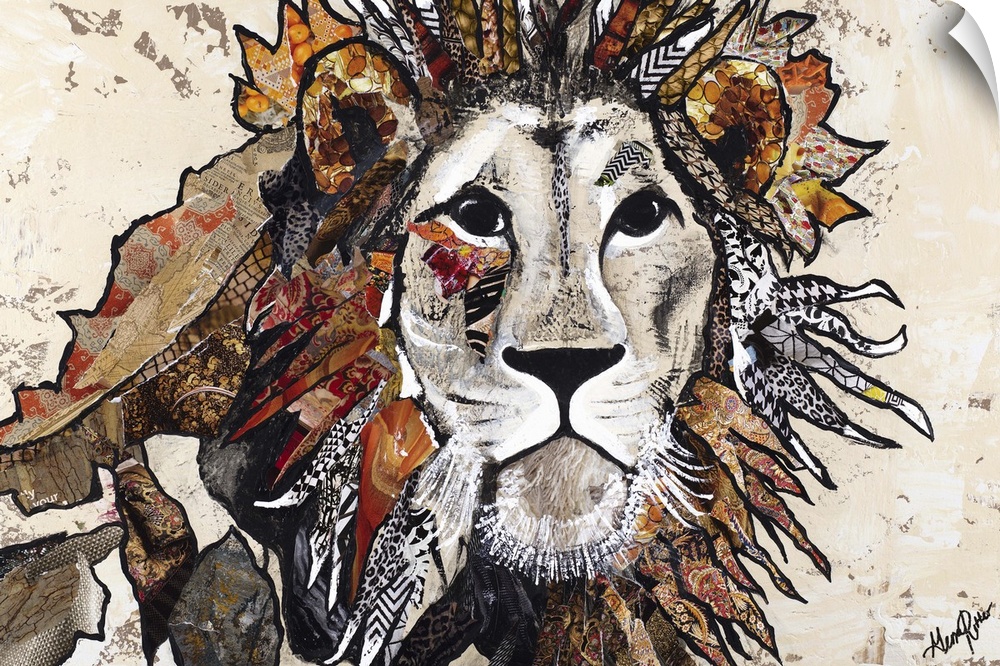 Painting of a watchful lion with patterned elements in his mane.