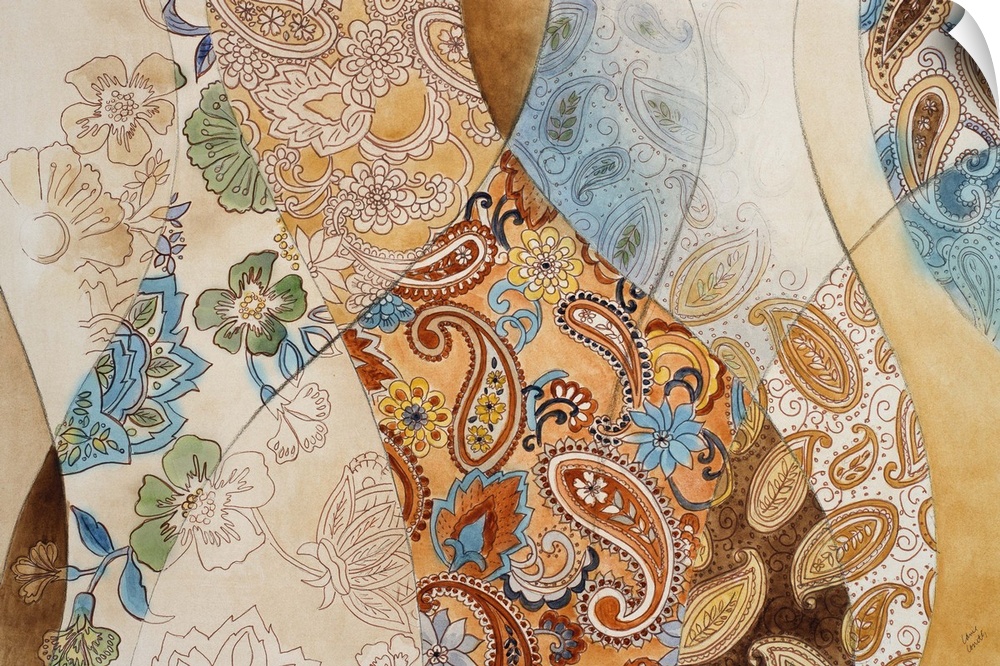 Abstract artwork with blue and orange toned paisley patterns.
