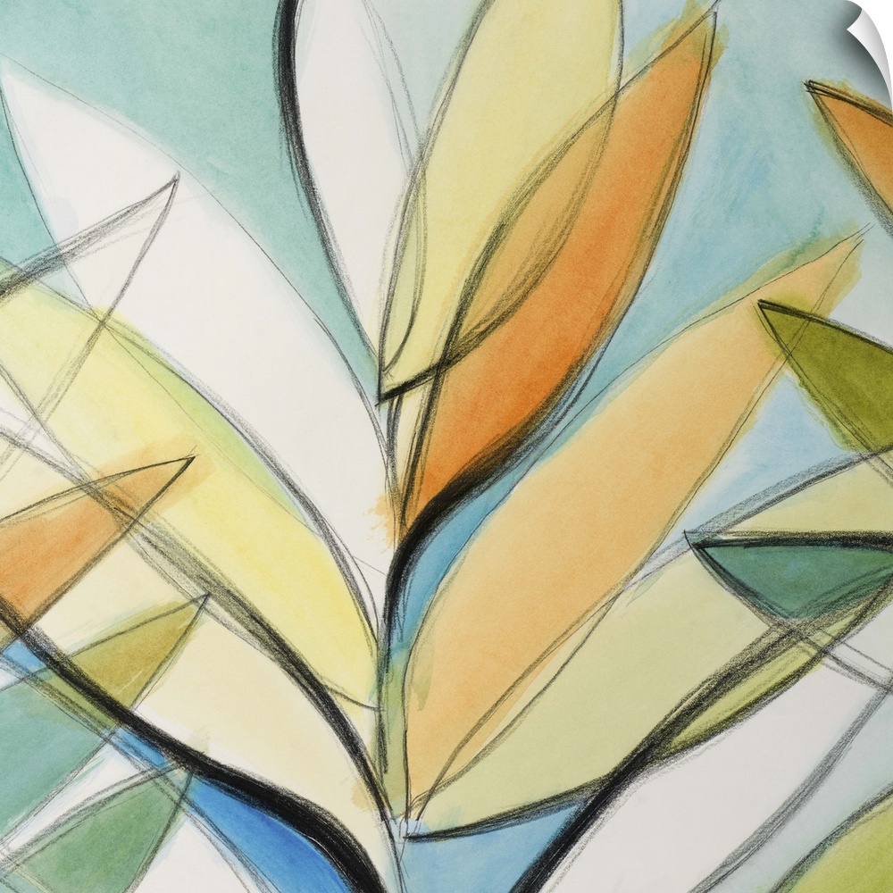 Semi-abstract painting of colorful intersecting palm leaves.