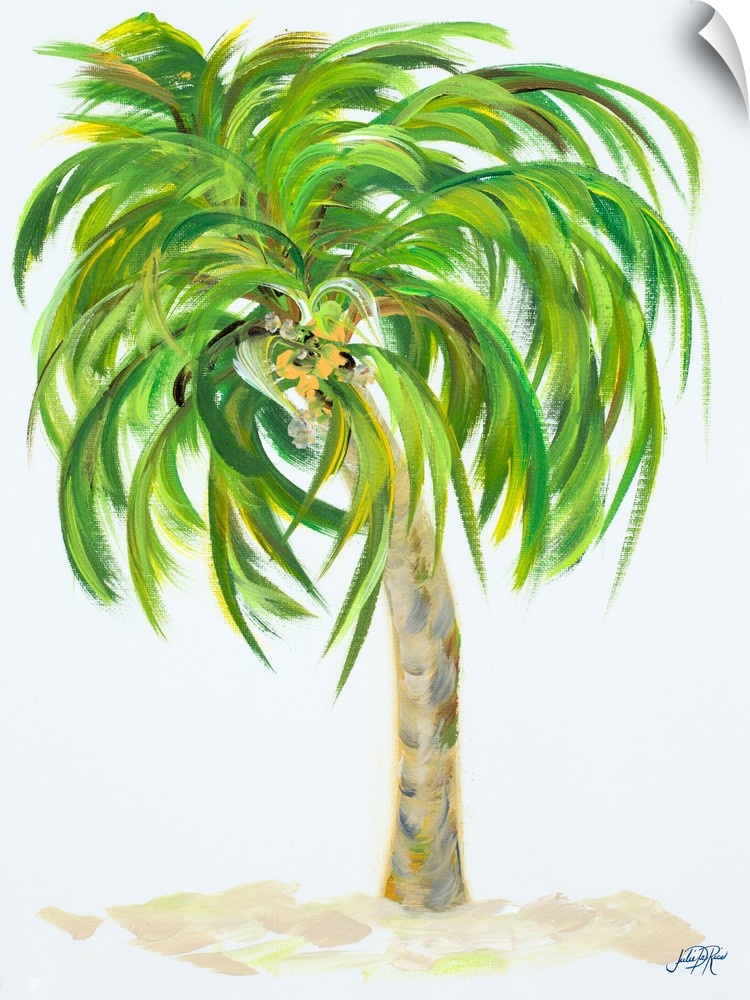 A painting of a palm tree with flowing palm leaf branches on a white background.