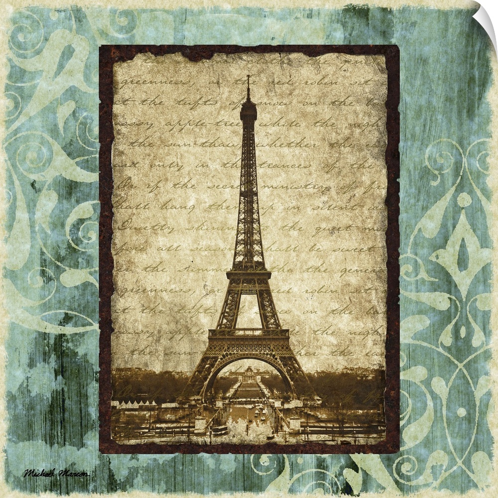 Oversized, square home art docor of a vertical, vintage image of the Eiffel Tower on parchment with rough edges, French sc...