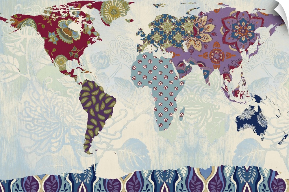 A map of the world with the continents made of fabric patterns.