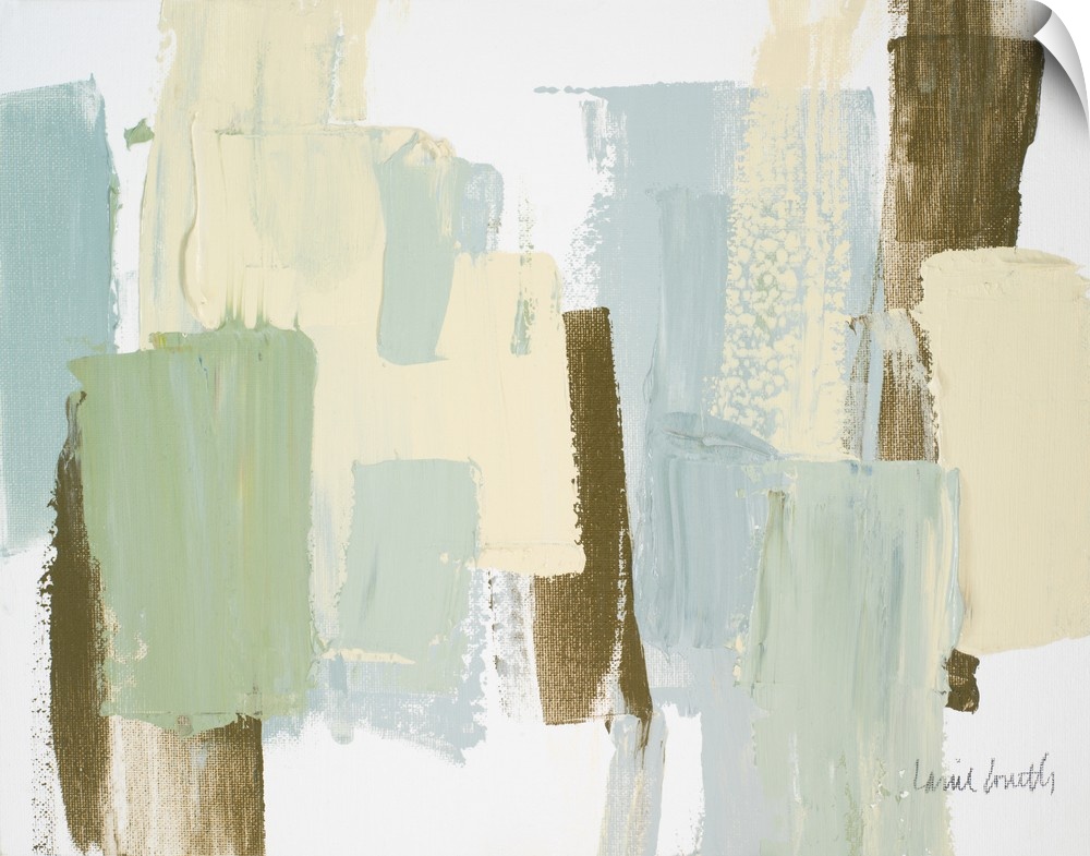 Abstract painting with pale green, yellow, blue, and dark gold thick vertical brushstrokes layered on top of each other.