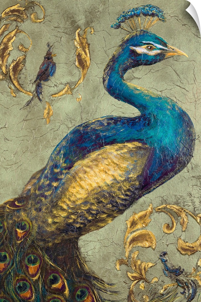 This large vertical canvas shows a beautiful peacock with golden feathers.