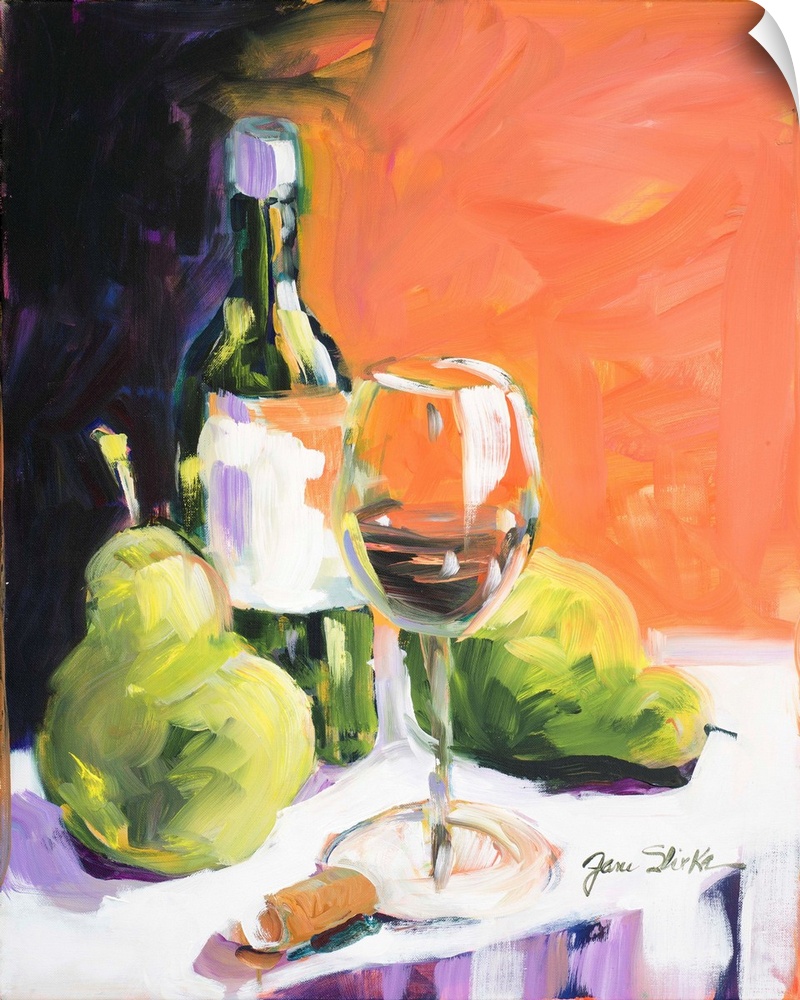 Still life painting of a wine bottle and glass with two pears.