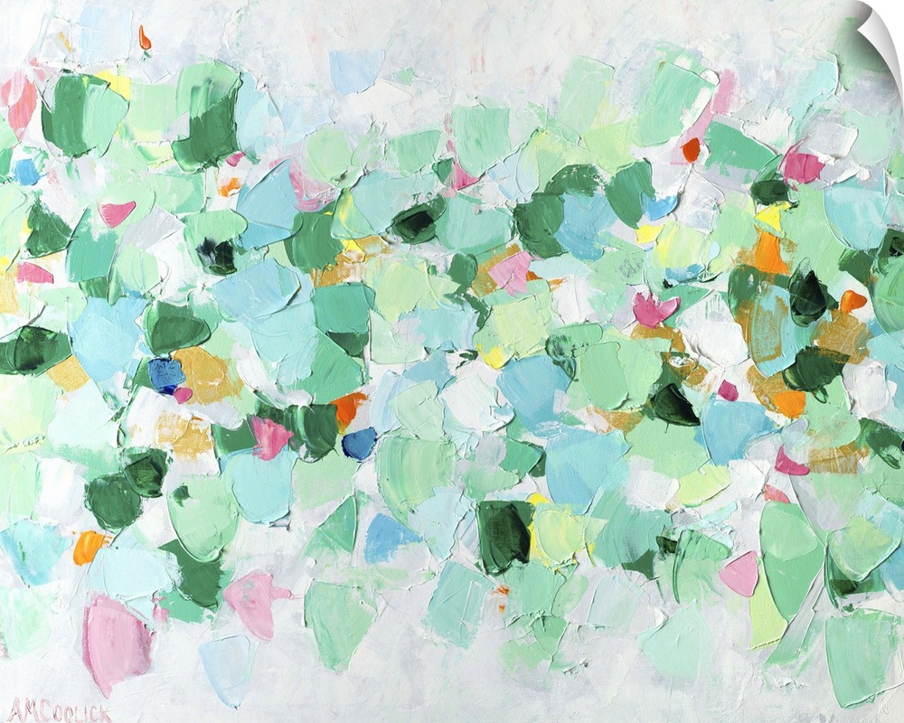 Abstract artwork in minty green shades with pops of pink.