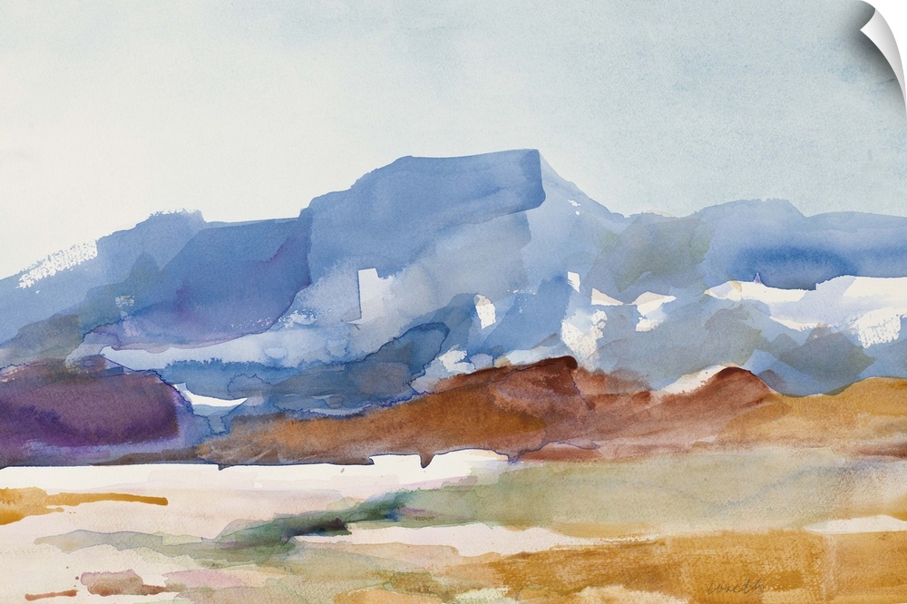 Watercolor landscape painting of a mountain rising over a field.