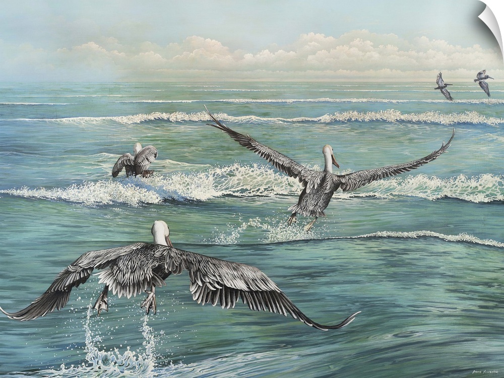 Contemporary painting of a flock of pelicans flying across the water's surface.