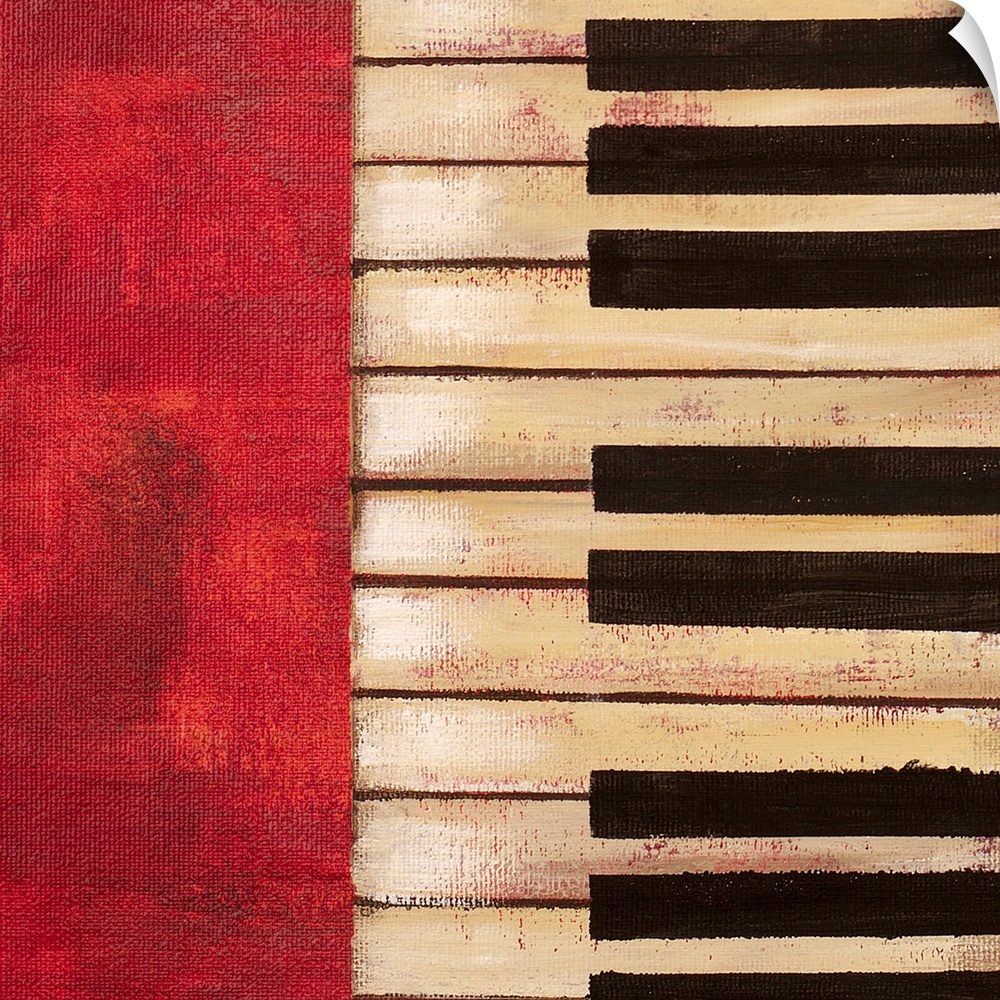 Simplistic painting of an ivory keyboard on a red textured background, shown sideways in a square.