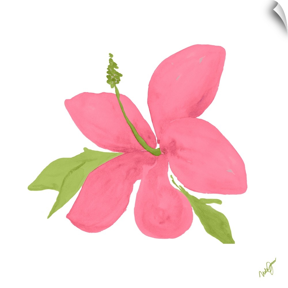 Square painting of a pink hibiscus flower with green leaves on a solid white background.