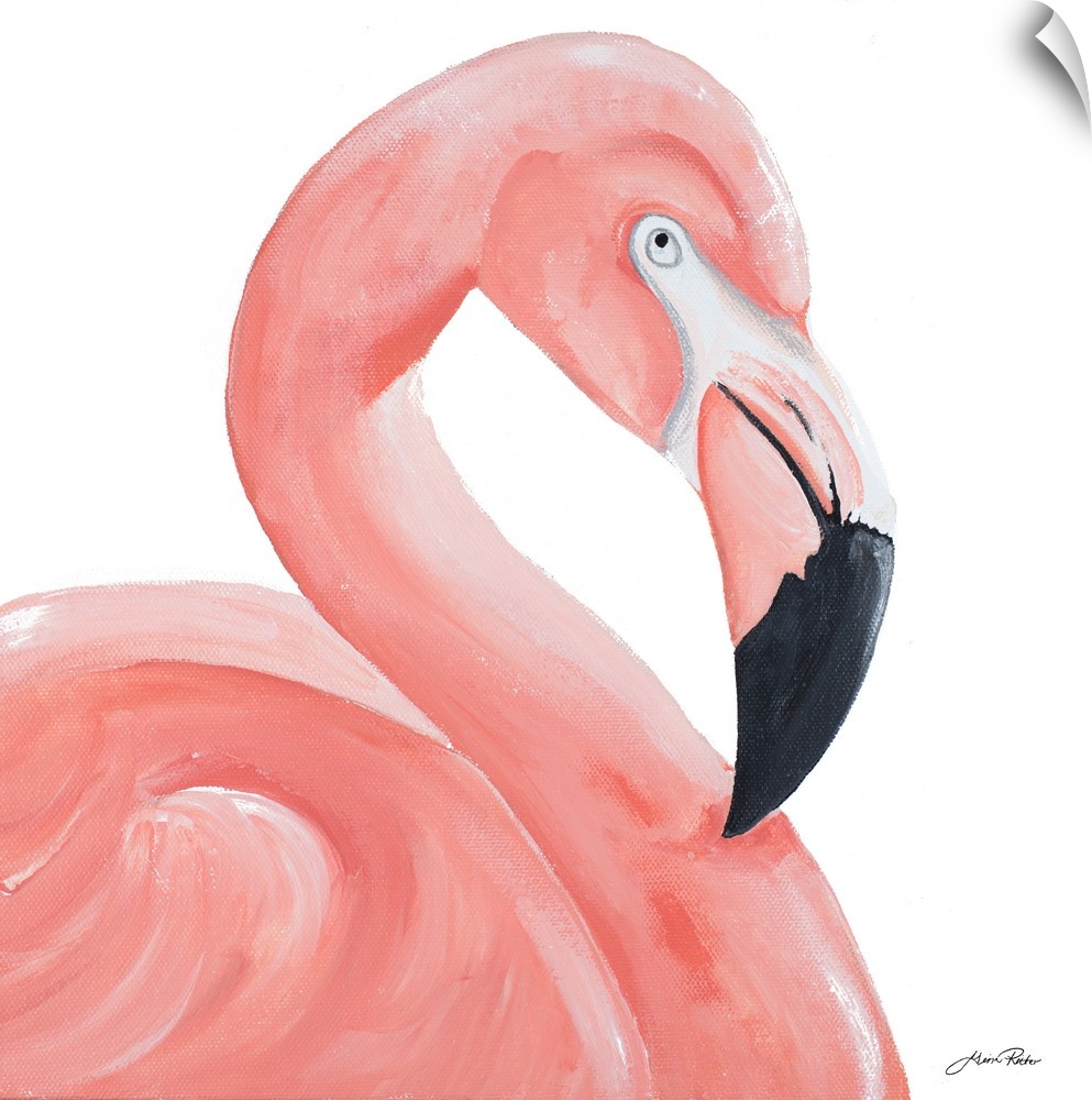 A contemporary close-up painting of a pink flamingo on a white background.