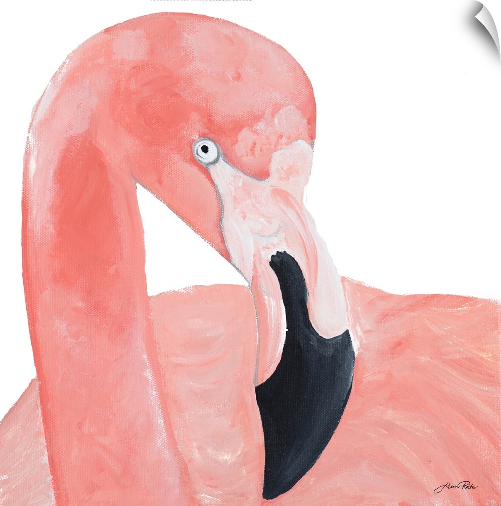 A contemporary close-up painting of a pink flamingo on a white background.