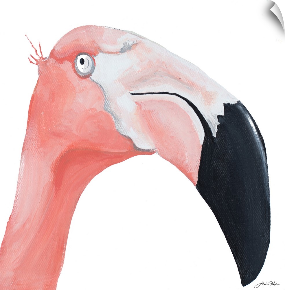 A contemporary close-up painting of a pink flamingo on a white background.