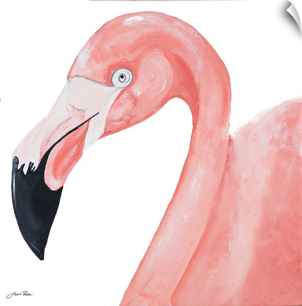 A contemporary close-up painting of a pink flamingo on a white background.