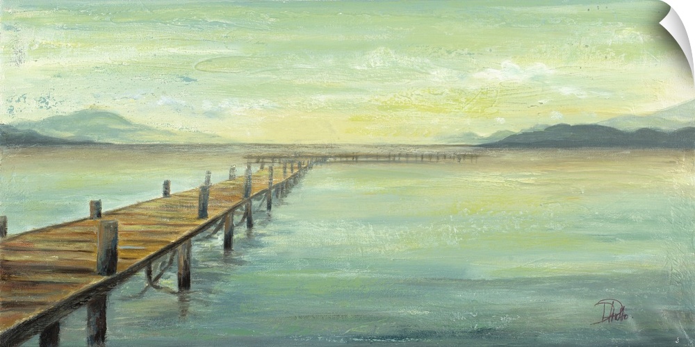 Contemporary painting of a long pier on Lake Placid with mountains in the background in hues of blue, green, and yellow.
