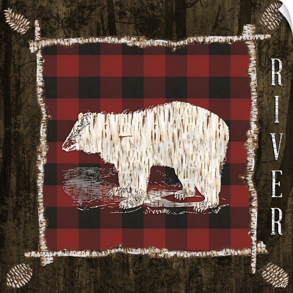 The shape of a bear with a birch pattern on a red flannel.