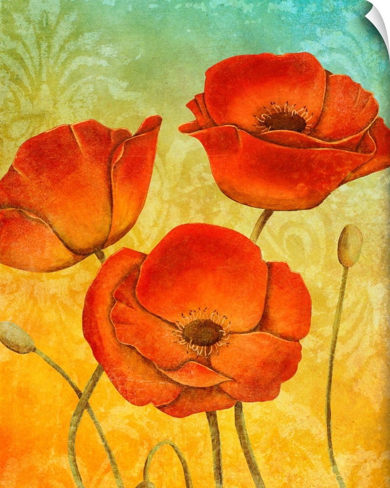 Contemporary painting of three red poppies on a yellow and blue background.