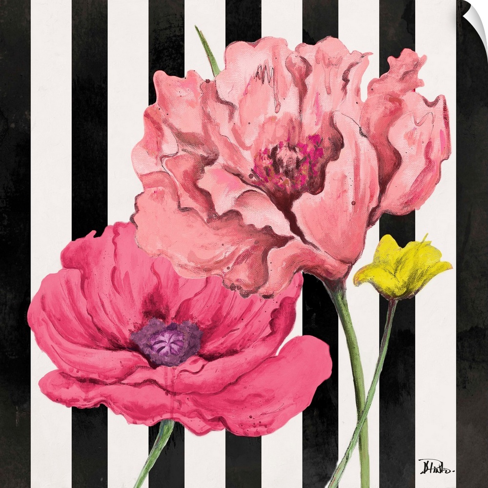 A square painting of pink poppy flowers on a black and white vertically striped background.