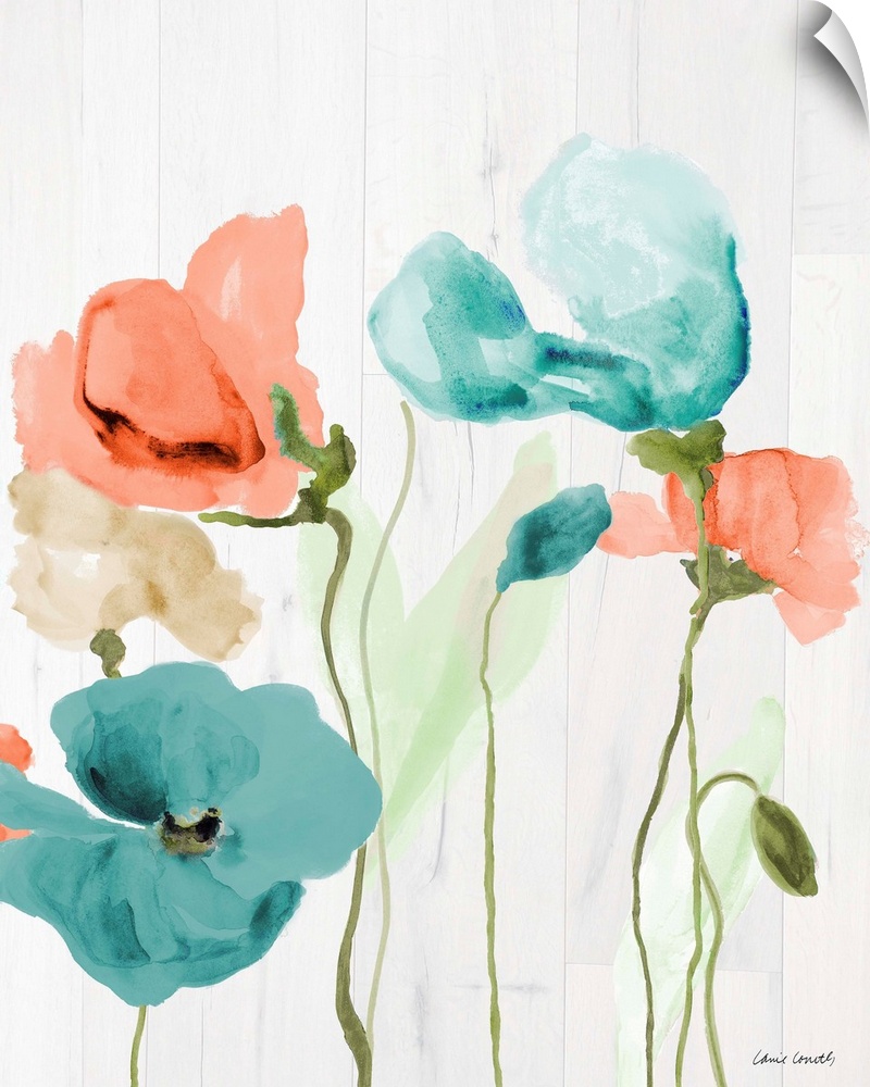Contemporary watercolor painting of blue and orange poppy flowers on a rustic white wood paneled background.