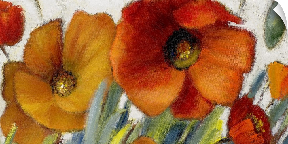 Oversized, horizontal floral painting of two large poppies in warm tones, with several smaller poppies and grasses surroun...