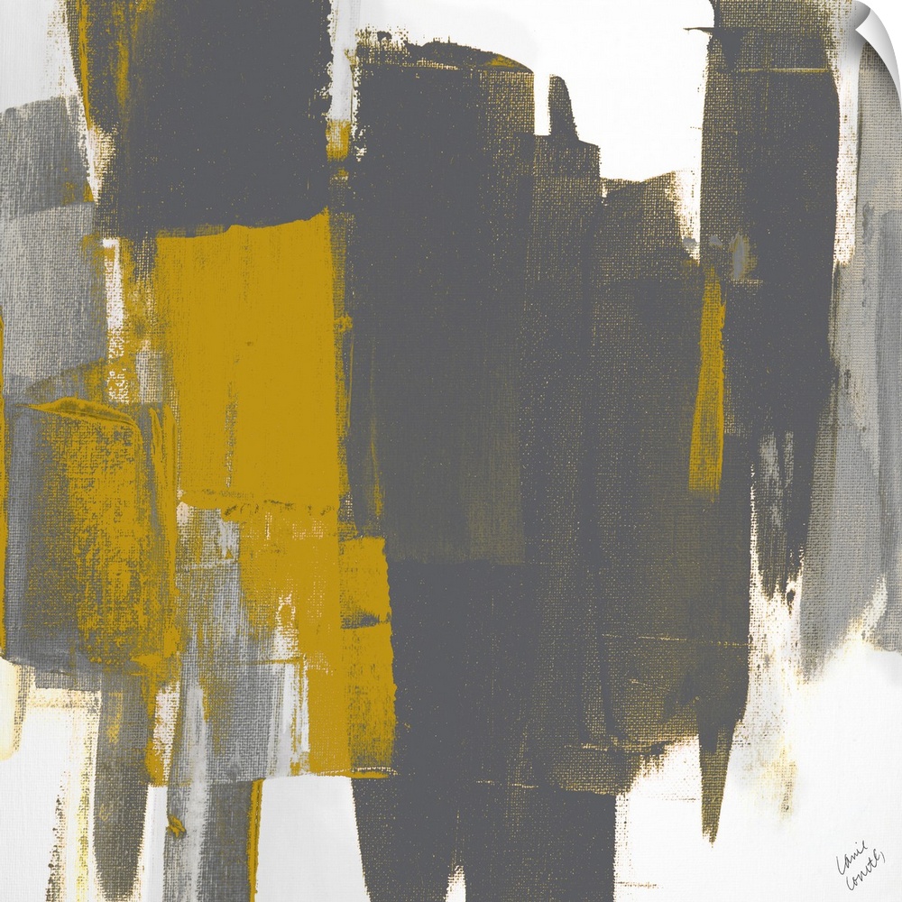 Square abstract painting with wide vertical brushstrokes in shades of gray and deep yellow.