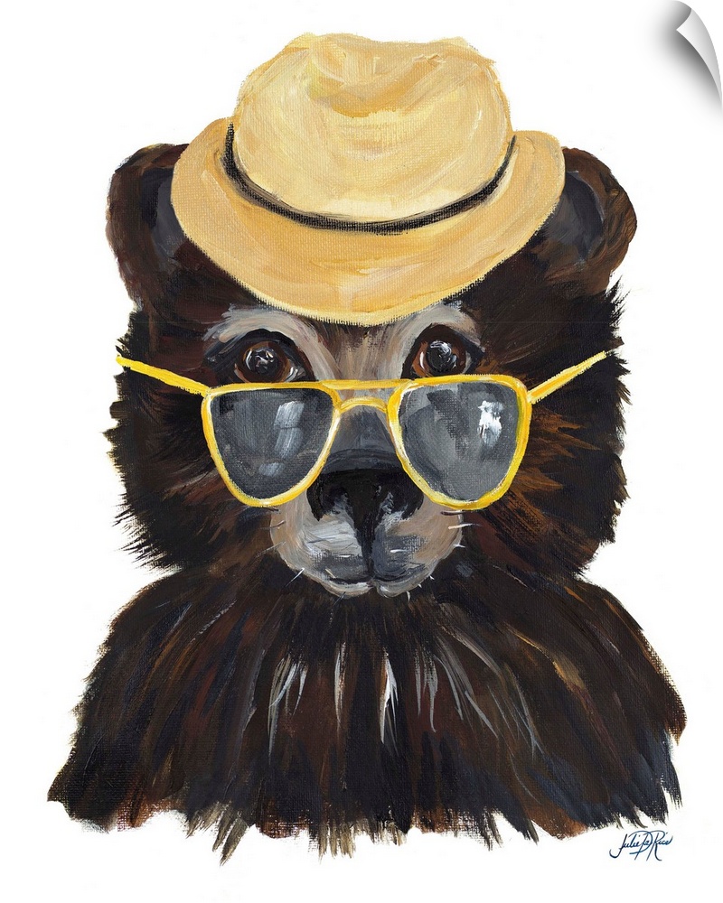 Contemporary painting of a bear wearing a fedora and yellow sunglasses.