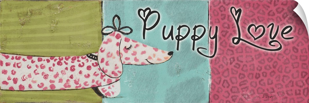 Originally mixed media, artwork of a pink spotted Dachshund and the words: 'Puppy Love'.