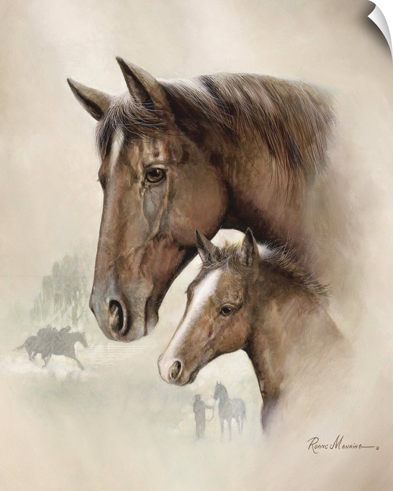Painted portrait of a brown mare and her young foal.
