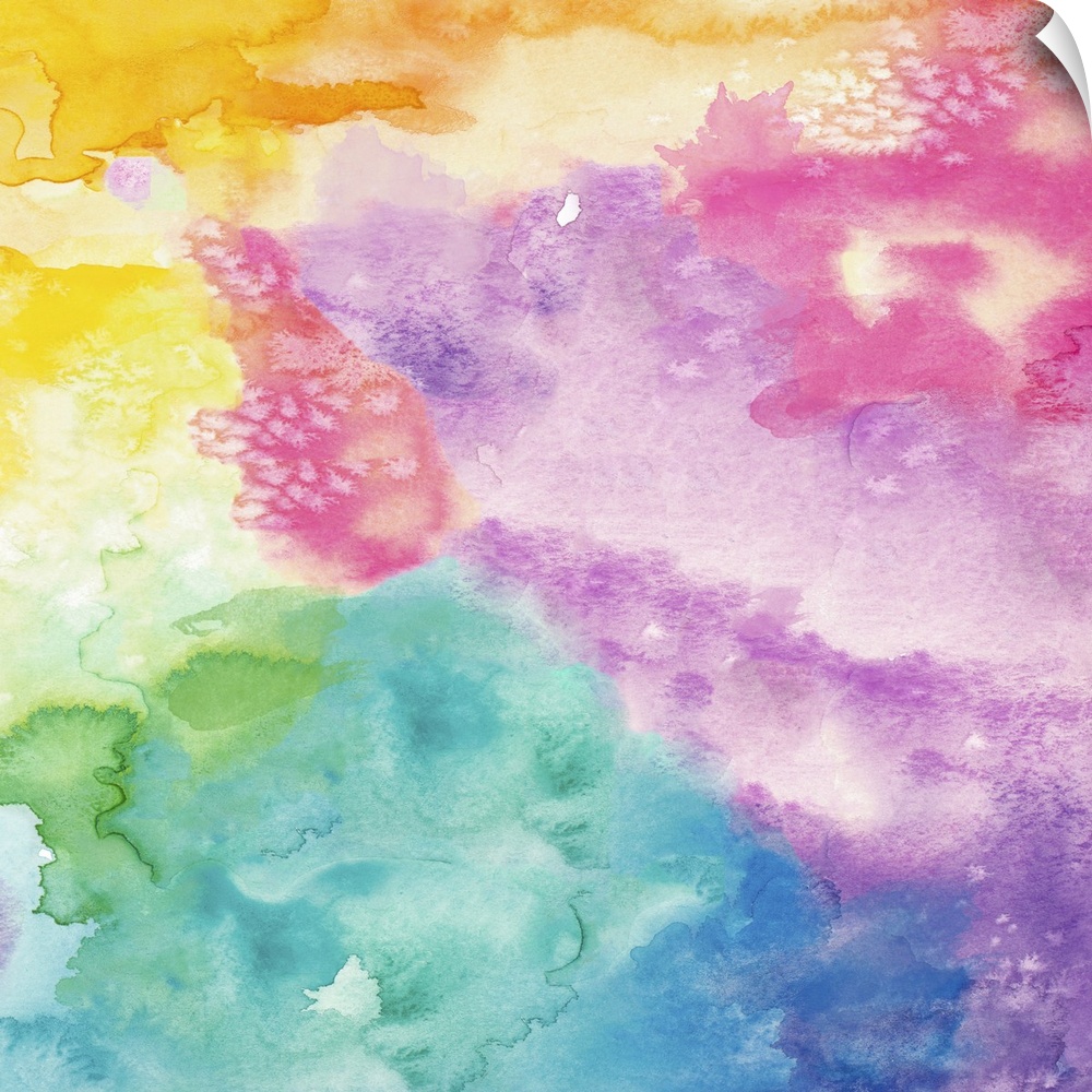 Square abstract watercolor painting using all of the colors of the rainbow.