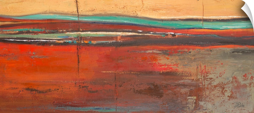 Modern artwork of a landscape with a mix of warm and cool tones. Rough texture visible throughout the work.