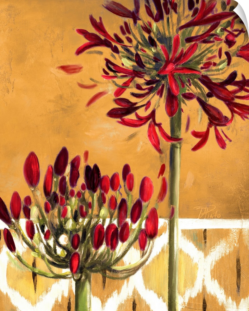Beautiful home docor picture of two floral stalks almost ready to bloom in front of a textured patterned background.