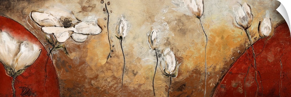 A panoramic painting of white flowers floating in the air with large red half circles on either side.
