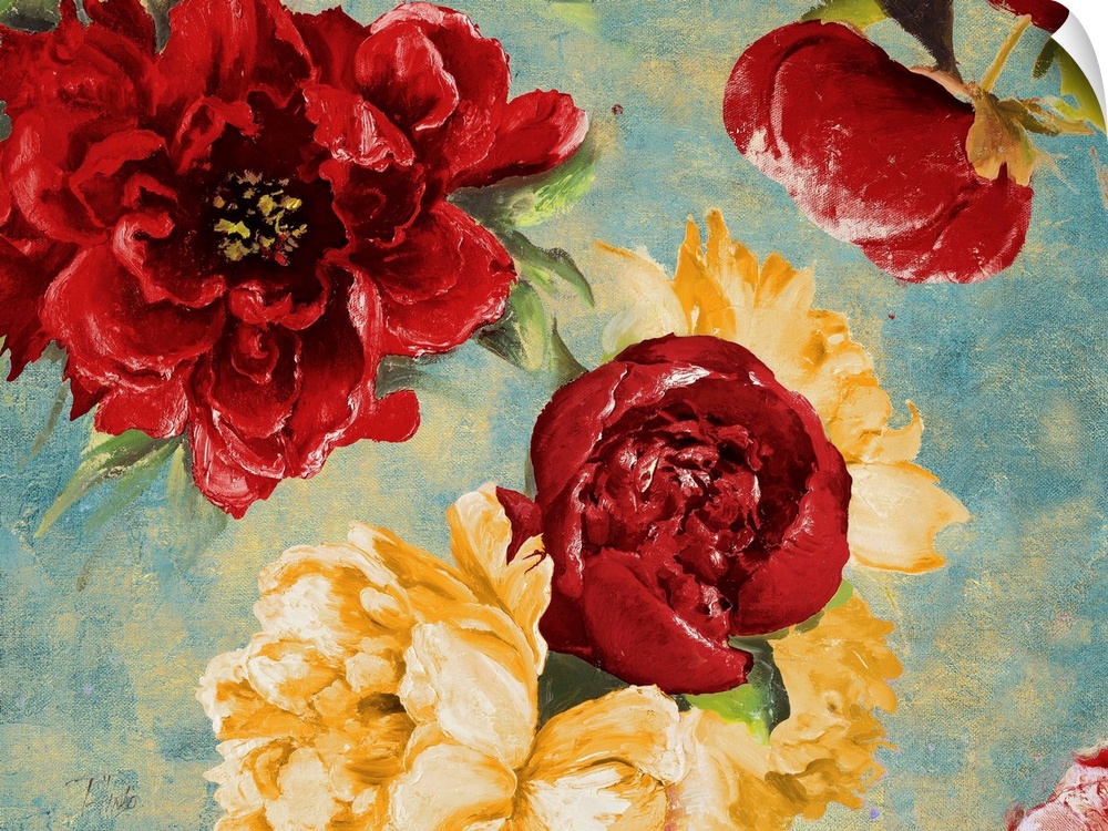 Painting of a close-up of red and yellow flowers.