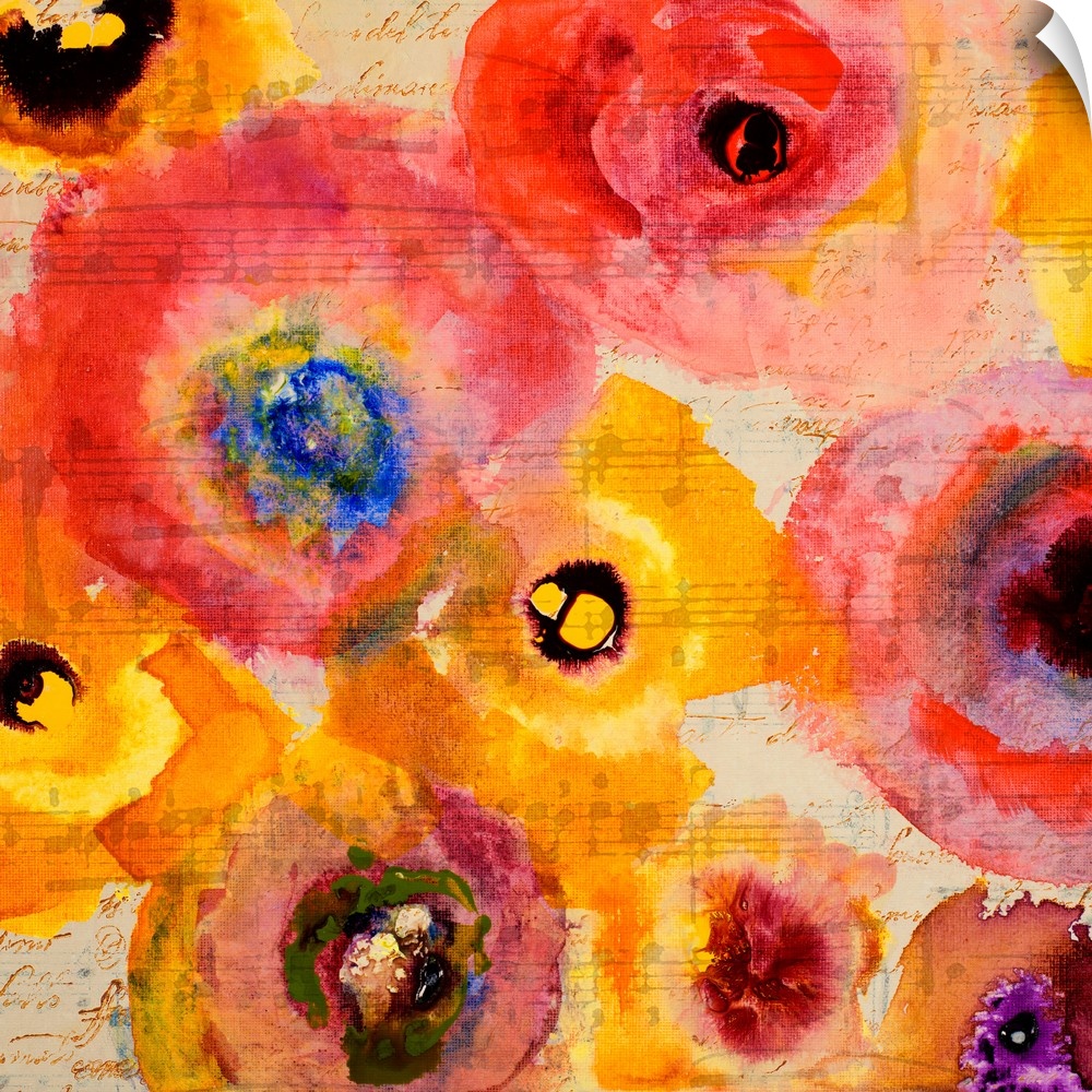 Semi-abstract artwork of a group of bright red and yellow flowers.