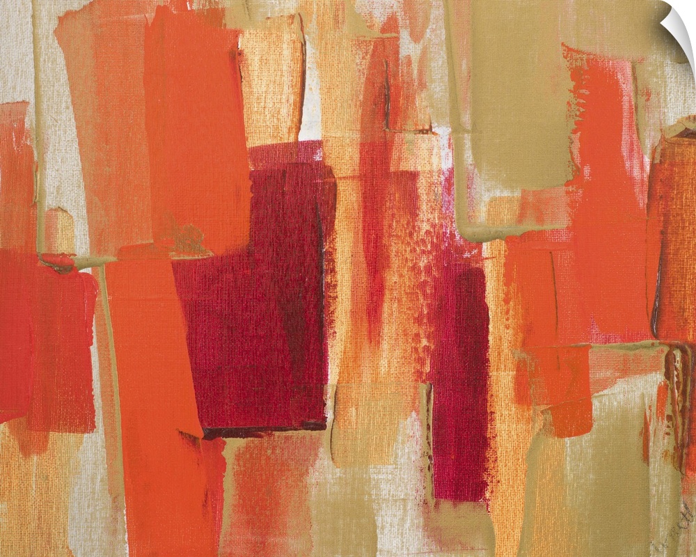 Contemporary abstract painting of red geometric shapes against a light brown background.