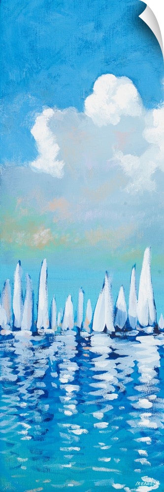 Vertical artwork of a group of white sailboats against a blue sky.