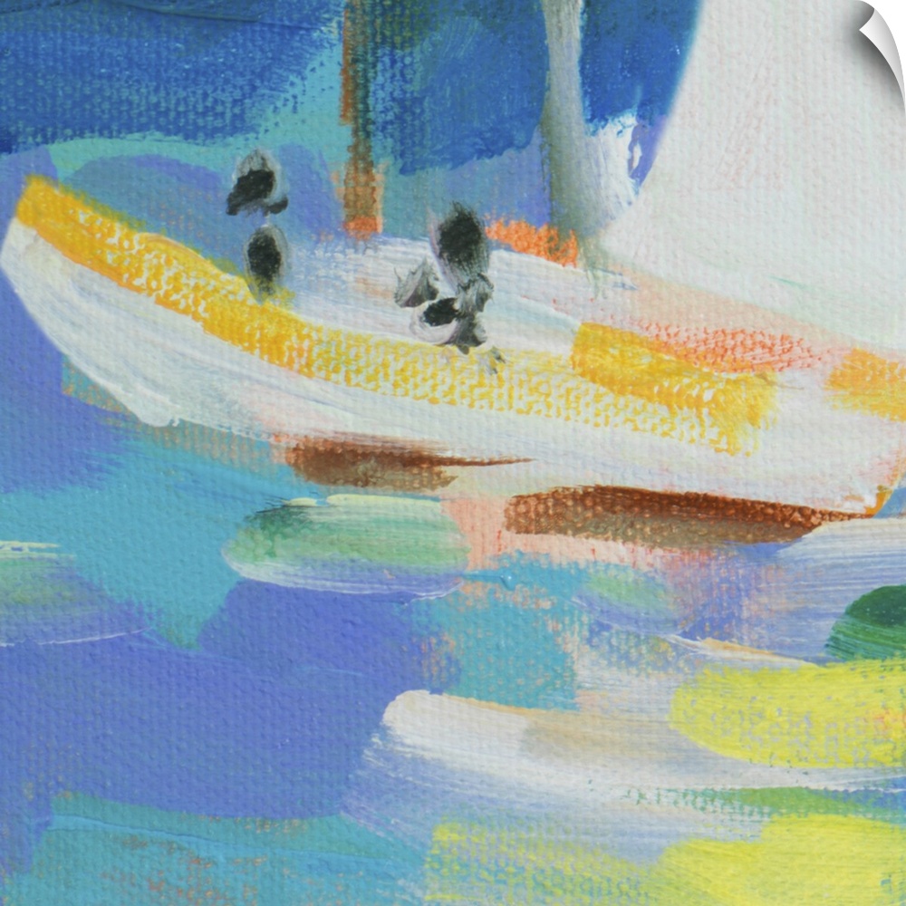 Contemporary painting of a small boat in the ocean.