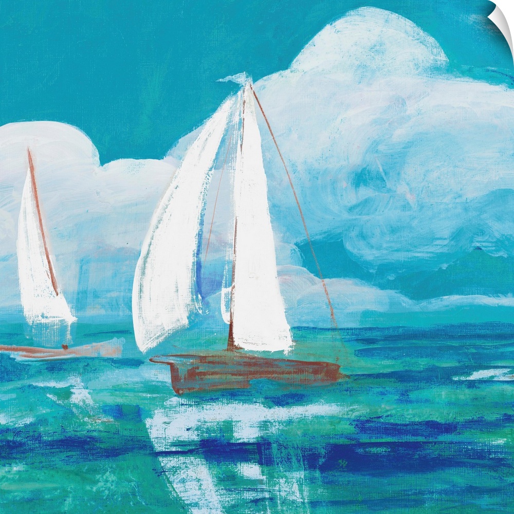 Painting of a sailboat on the water on a cloudy day.