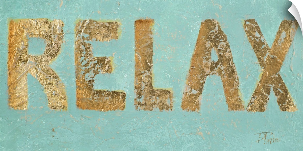 "RELAX" in metallic gold on a teal textured background.