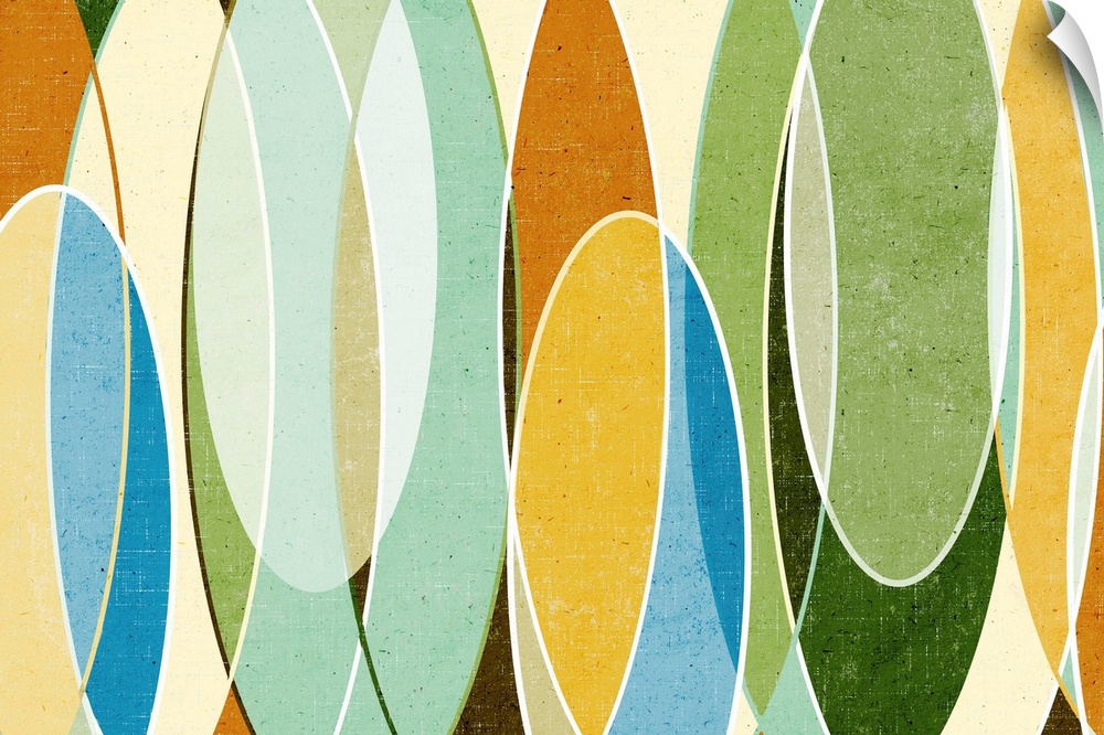 Abstract painting with a mid-century feel of organic shapes with clean lines and mild colors.