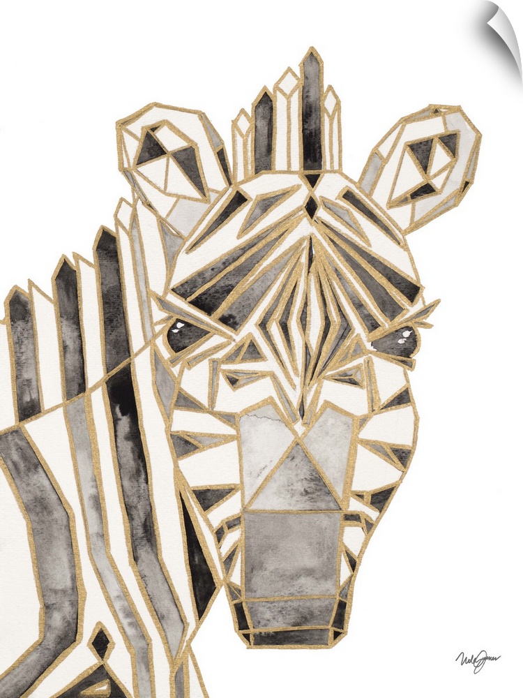 Watercolor painting of a zebra created with metallic gold geometric shapes.