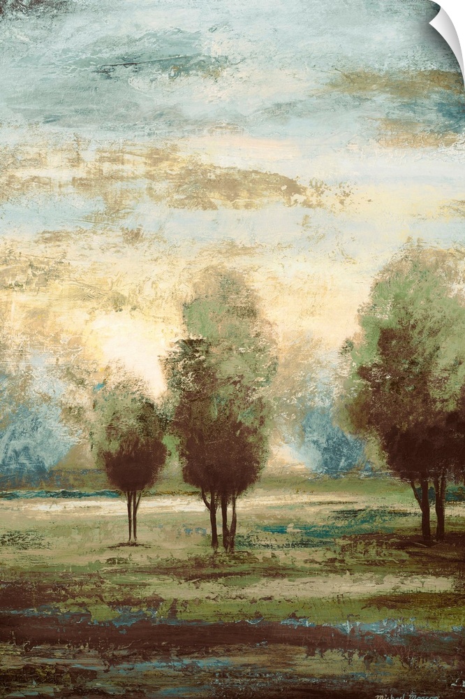 A vertical landscape painting of trees under a misty sky, this painting is the second half of a diptych.