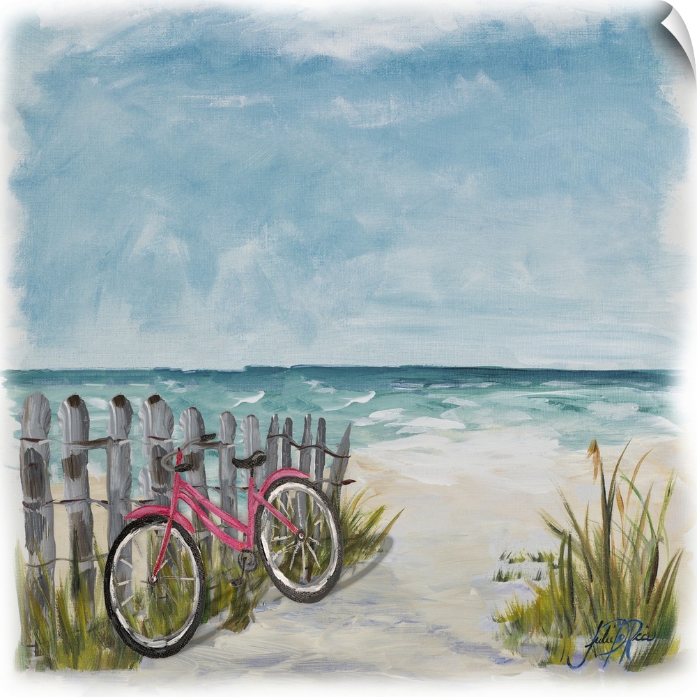 Square painting of a red bicycle leaning against a wood picket fence on a sandy pathway leading to the ocean.