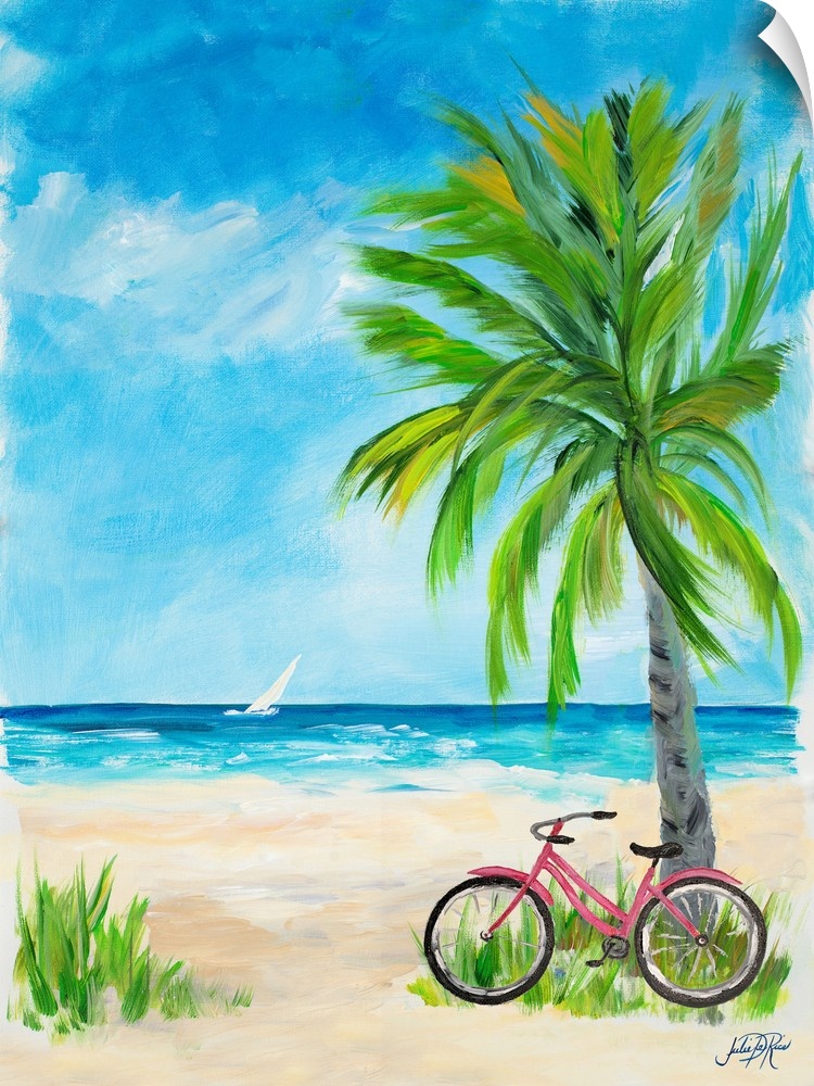 Contemporary painting of a red bicycle leaning up against a palm tree on a sandy beach with a white sailboat in the distance.