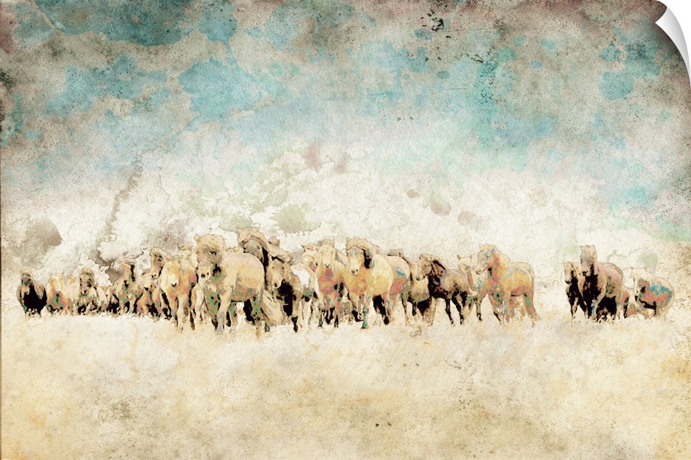 Abstract painting of a team of horses with bright, colorful markings on a faded background with tan, white, and blue hues.