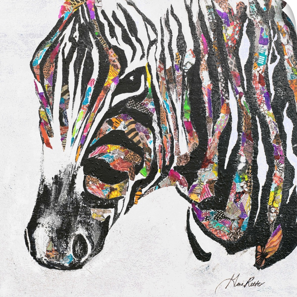 Contemporary painting of a zebra with bright colors and patterns between the stripes.