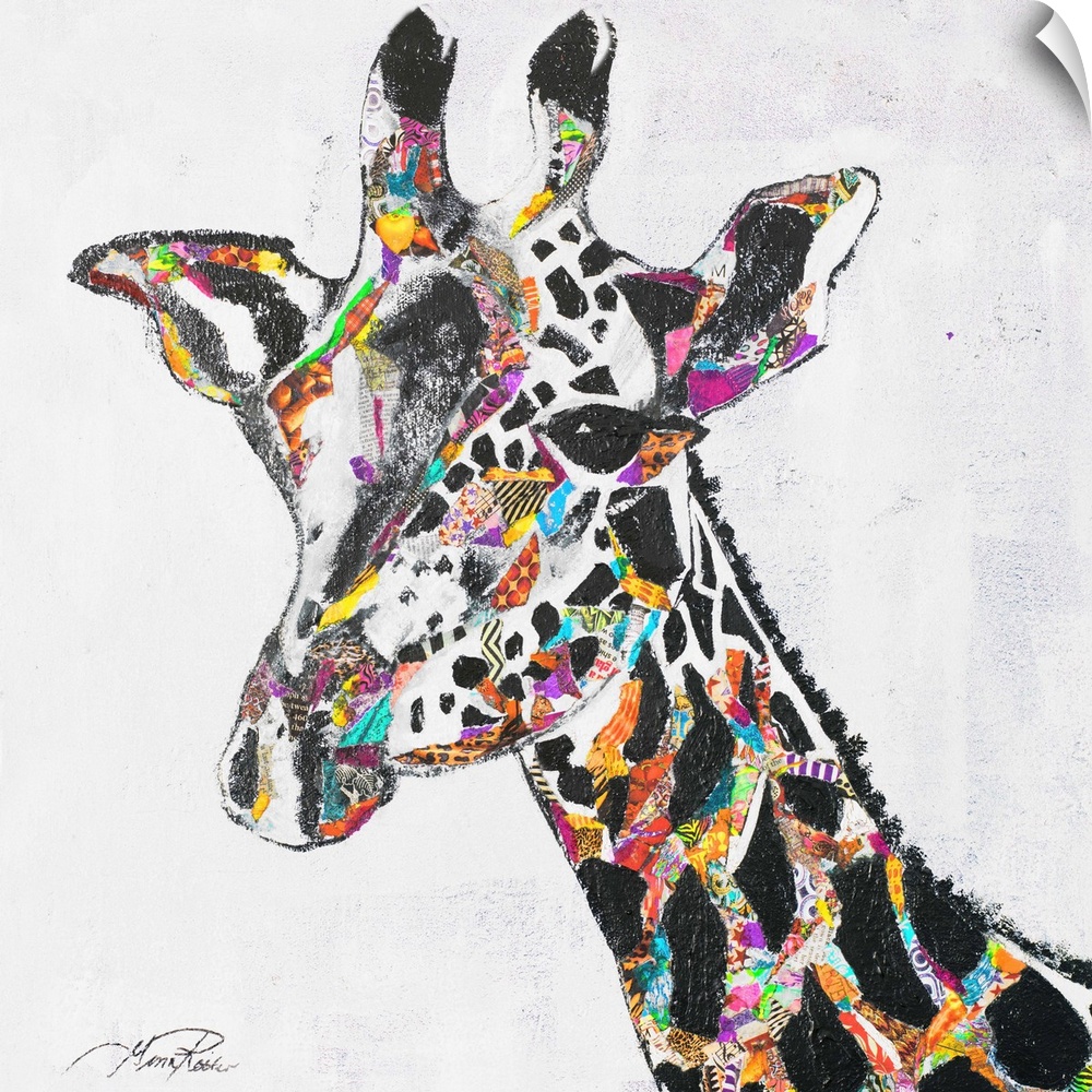 Contemporary painting of a giraffe with bright colors and patterns between the spots.