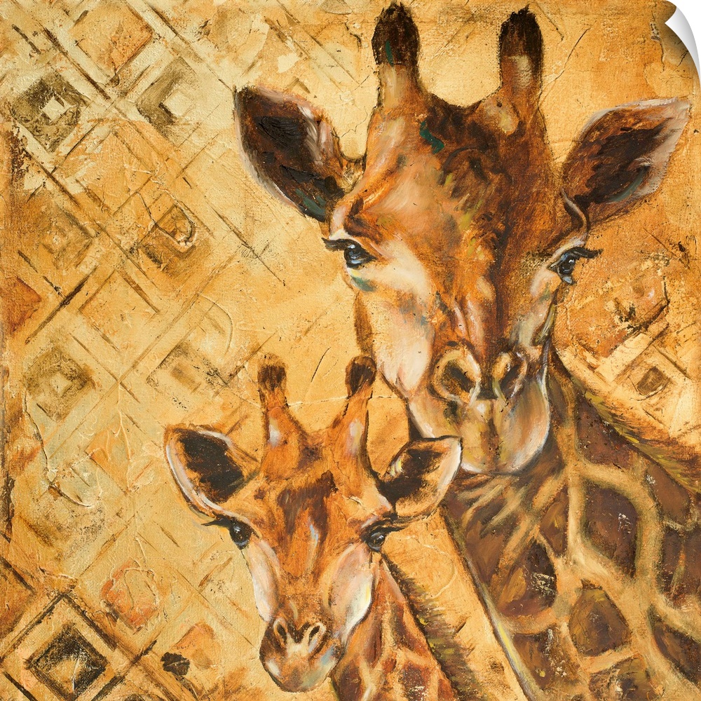 Painting of a giraffe and her baby on a diamond pattern.