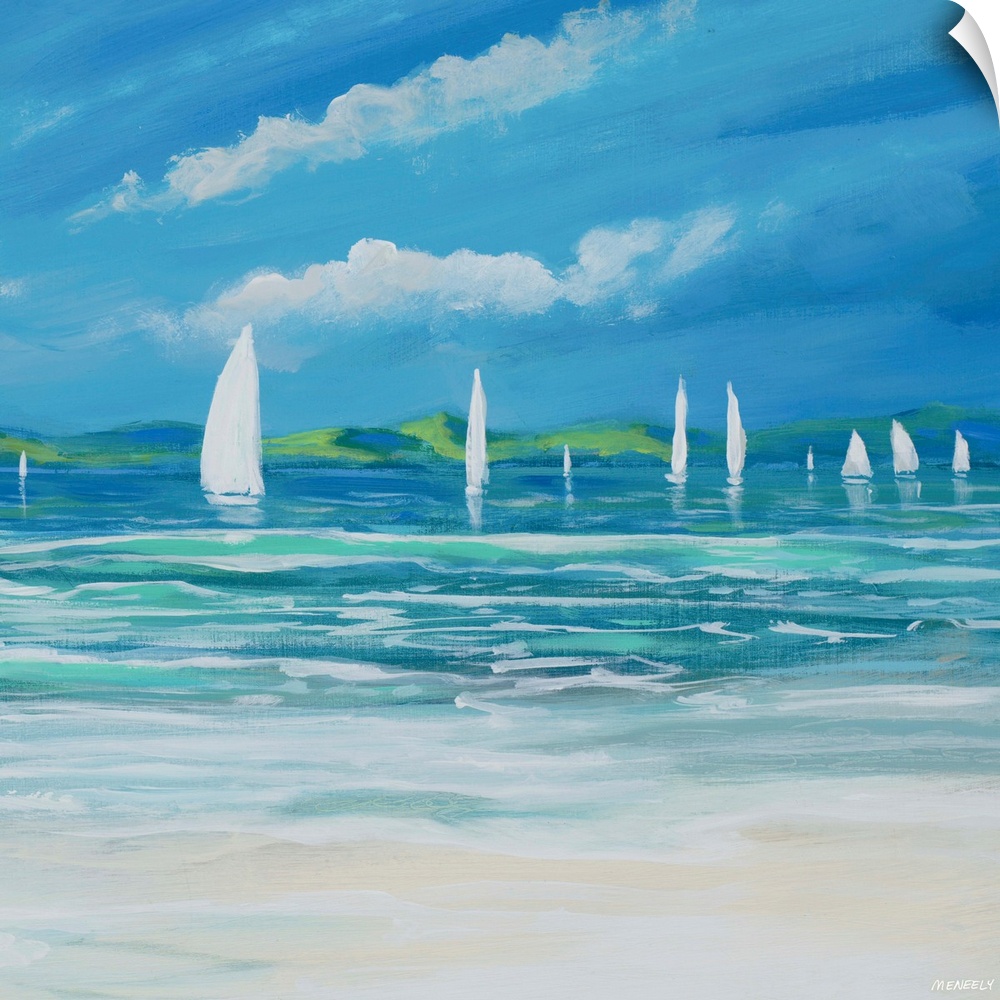 Contemporary painting of white sailboats on the ocean, seen from the shore.