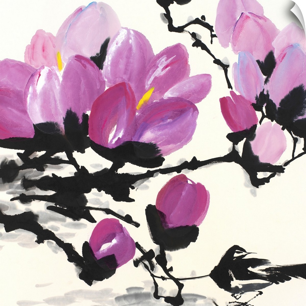 A large artwork piece of cherry blossoms on black stems and branches.